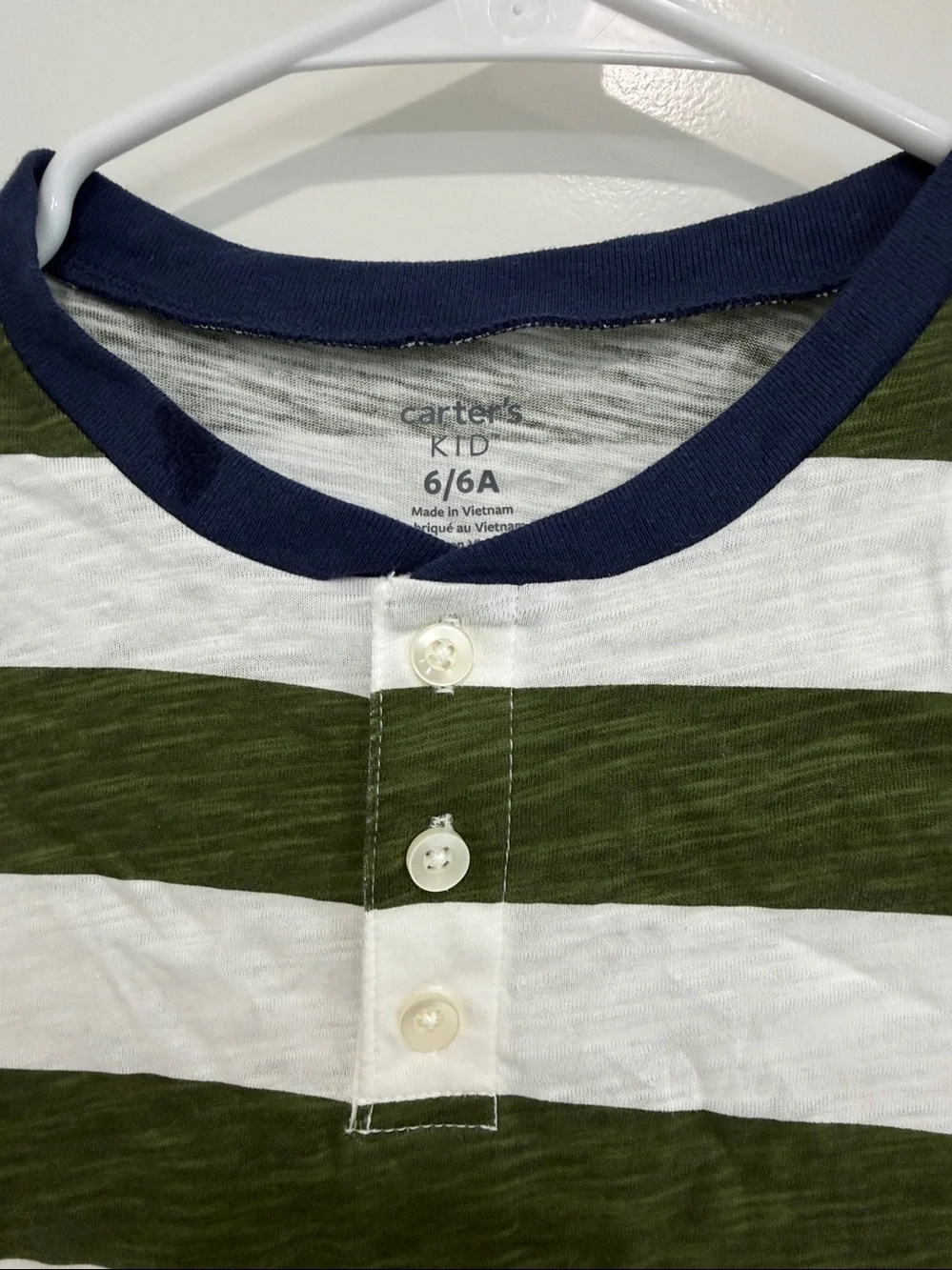 NEW NWT Carter's size 6 Olive Green & White Striped Henley Tee with Navy Trim